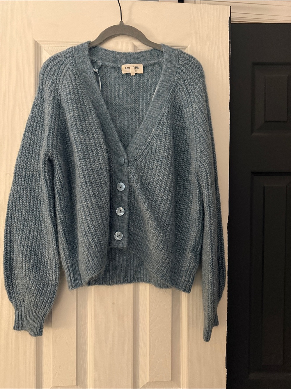 Soft Blue V-Neck Button Front Women's Sweater Cardigan